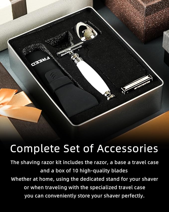 FREED Customized gifts Engraving Shaving Kit - Safety Razor with metal handle include razor base razor travel case and 10 bladesit's the best gift for men (Pearl White)