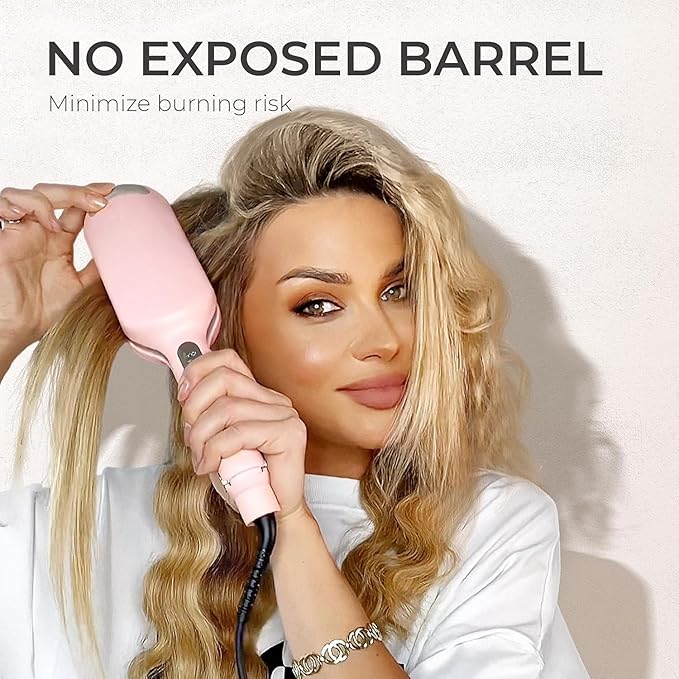 Curling Iron Hair Crimper Waver Beach Waves Curling Wand Ionic Deep Waver Hair Curler Tool with Ceramic 3 Barrel for Women Dual Voltage Anti-Scald Easy to Use Pink 1.25 Inch