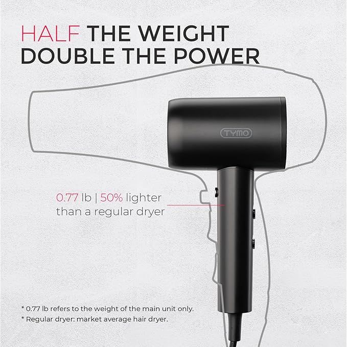 TYMO Diffuser Hair Dryer Blow Dryer - 300 Million Ionic Hairdryer with Diffuser &amp Comb Attachment for Curly Hair Professional Blowdryer for Women Cool Air Button Small Travel Lightweight Black