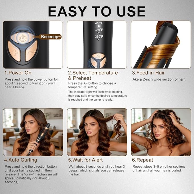 Automatic Curling Iron Beach Waves Curling Wand Portable Hair Curler3 Temperatures Fast Heating 2-Way Rotation Anti-Scald Anti-Tangle Rotating 30 Million Ionic Ceramic Coating (Black)