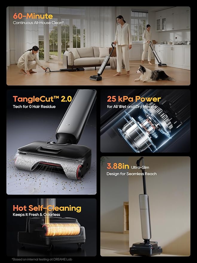 DREAME Aero Pro Wet Dry Vacuum Mop Ultra-Slim with Hot Self-Cleaning/Self-Drying 0 Hair Tangle Great for Pet Owner Powerful Wet Dry Vacuum with 60min Runtime Pick-up &amp Mop at The Same Time
