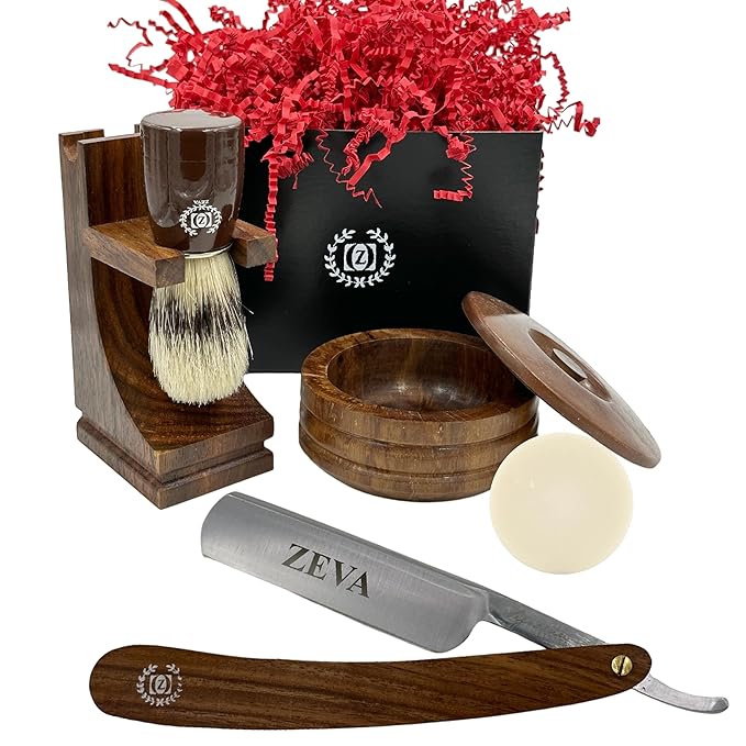 Men Straight Razor Gift Set Classic Gift 5/8 Carbon Steel hollow ground blade with leather honing strop whet and Drip Stand Gold (Brown)