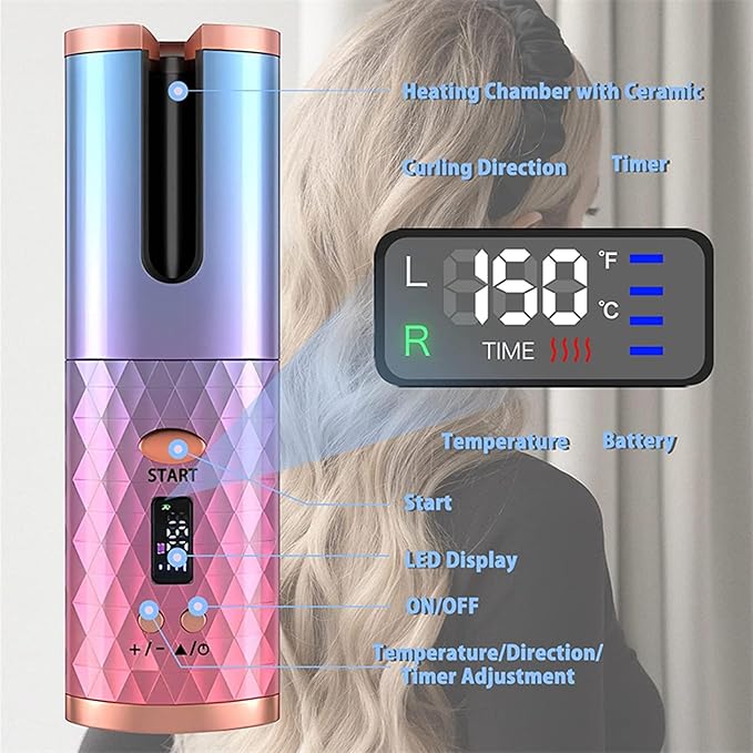 Automatic Curling Iron Wireless Auto Rotat Ceramic Hair Curler Cordless Automatic Hair Curler with LCD Display 6 Temps and Timers USB Charging Auto Shut-Off Create Stunning Curls