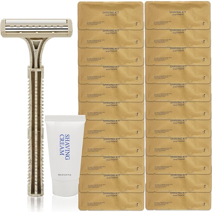 Disposable Shave Kit for Men &ampWomen - 100 Pcs Wheat Straw Razors and Cream Bulk Individually Wrapped Portable Toiletries Amenities for Hotel Airbnb Homeless Shelter Charity Camping and Trave