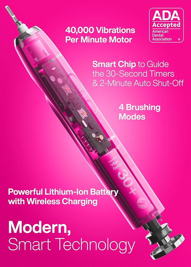 Aquasonic Vibe Series Ultra-Whitening Toothbrush – ADA Accepted Electric Toothbrush - 8 Brush Heads &amp Travel Case – 40000 VPM Motor &amp Wireless Charging - 4 Modes w Smart Timer – Electric Pink
