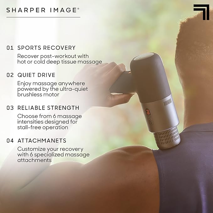 Sharper Image Powerboost Hot + Cold Massage Gun Bundle - Deep Tissue Percussion Massagers with Heat/Cool Therapy Multiple Attachments &amp Speeds Quiet Ergonomic Design Muscle Relief Workout Recov