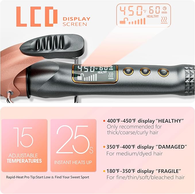 Thirtek 1 1/2 Inch Large Curling Iron with 1.5 Inch Ceramic Tourmaline Barrel 15 Temps (180°F-450°F) for Fast Long-Lasting Smooth Salon Finish 60-min Auto Shut-Off Dual Voltage Hair Curler