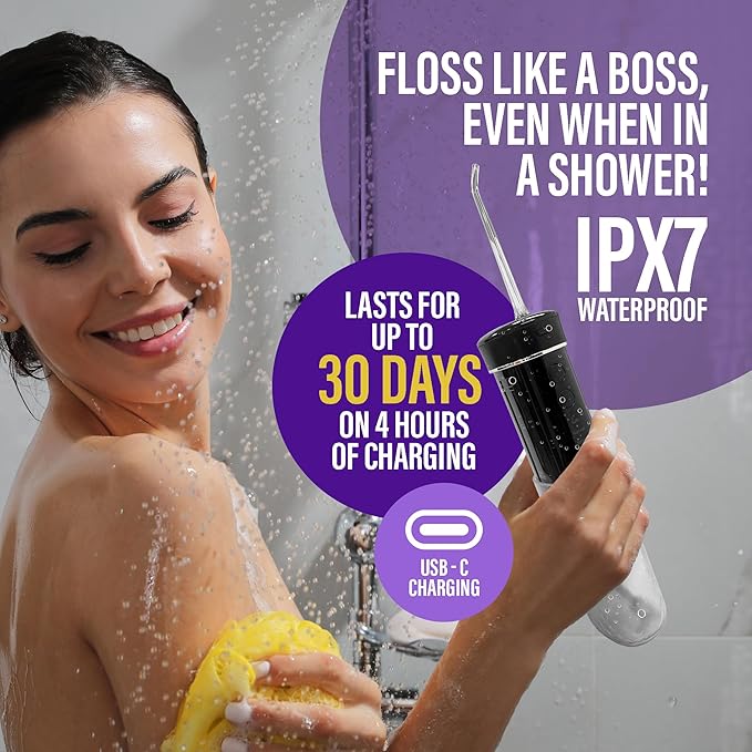 GuruNanda Compact Water Dental Flosser Portable Travel Size Oral Irrigator Flosser with Collapsible 180 ml Tank Smart Timer 4 Flossing Modes TSA-Friendly - Black