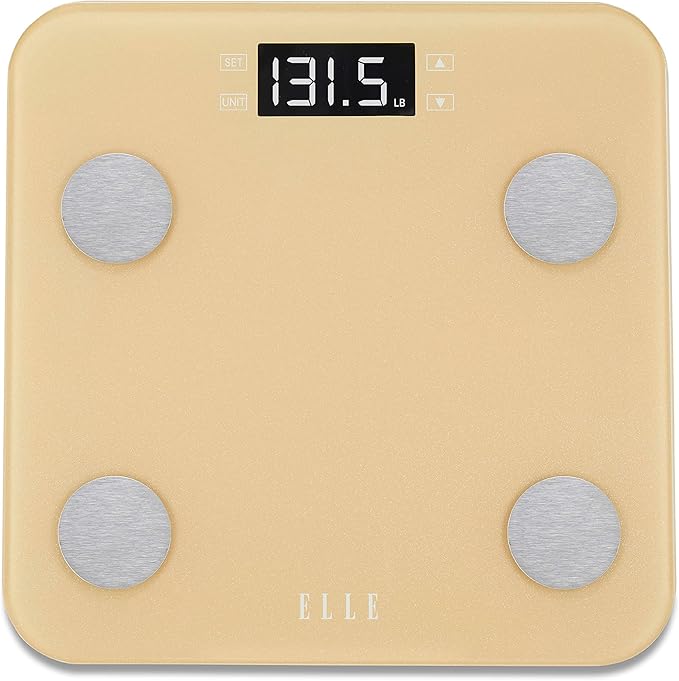 ELLE Digital Body Weight Scale with BMI Analyzer and 7 Fitness Indicators Gold LCD Display 400 lbs Capacity Tempered Glass Platform