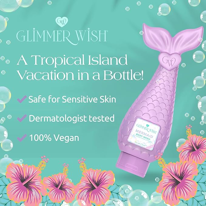 Glimmer Wish Mermaid Kids Bath &amp Lip Care Bundle – Gentle Sulfate-Free Body Wash (12 fl oz) + Glimmer Whip Hydrating Vegan Lip Balm Tropical Pineapple Scent