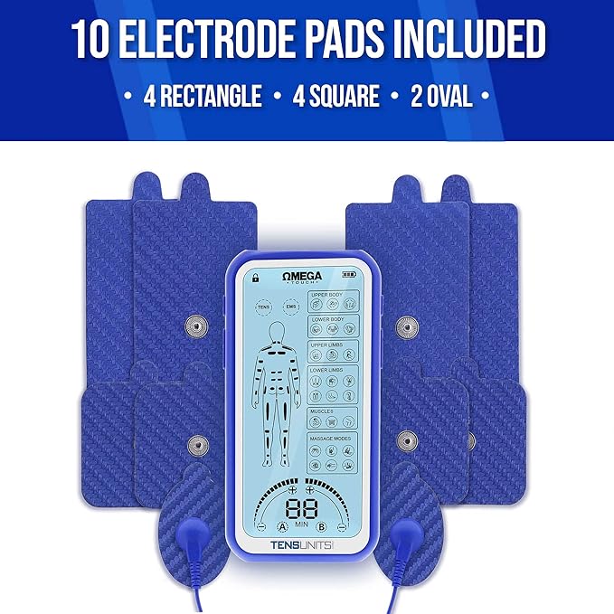 OMEGA Touch TENS Unit &amp Muscle Stimulator Combo Unit 24 Modes for Pain and Muscle Relief Rechargeable Pulse Massager with Electrodes Pads…