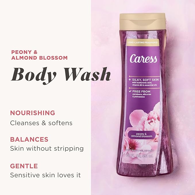 Caress Peony &amp Almond Blossom Body Wash Hyaluronic Acid &amp Vitamin B3 for Moisturized Silky Soft Skin Long-Lasting Floral Bouquet Fragrance 20 fl oz (4 Pack)