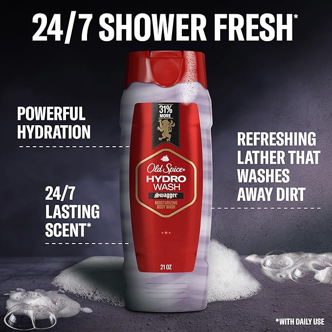 Old Spice Moisturizing Body Wash for Men Hydro Wash 2-in-1 Long Lasting Scent &amp Deep Hydration 24/7 Shower Fresh Swagger Scent 21 oz (Pack of 4)