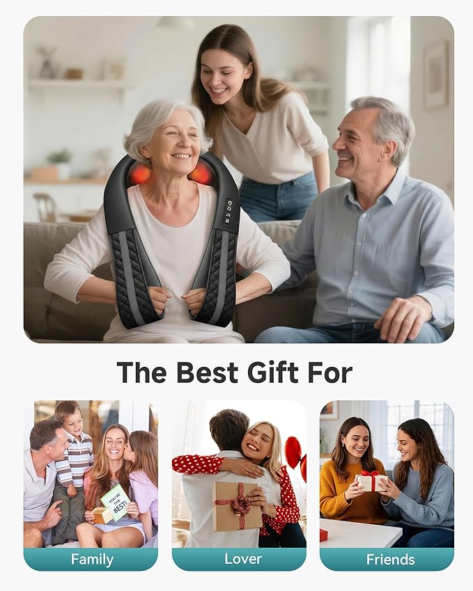 Snailax Cordless Neck Massager with Heat Rechargeable Shiatsu Neck Back Massager for Pain Relief Deep Tissue 4D Knead Shoulder Massager Pillow Gifts/Presents for Mom Dad Black