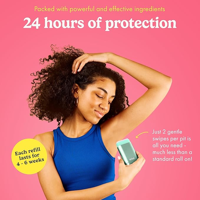 Wild Aluminum Free Deodorant for Men &amp Women Starter Kit - Refillable Stick Deodorant with Aqua Case and Pink Grapefruit &amp Lime Scented Refill (1.4oz) - Long Lasting Protection - Vegan Friendl