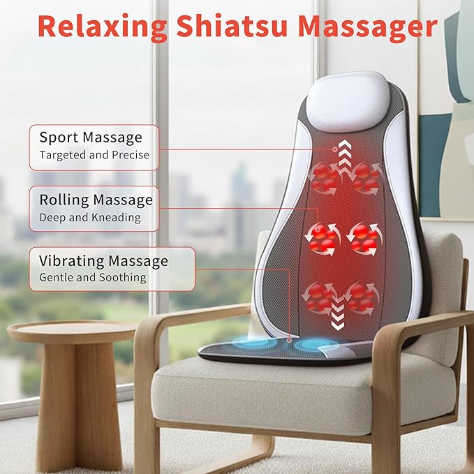 Shiatsu Back Massager with Heat &amp Cooling Kneading Rolling Vibration Chair Massager for Deep Tissue Pain Relief Massage Chair Pad for Home &amp Office
