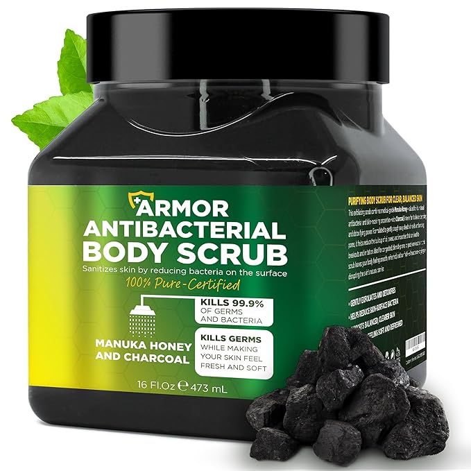 Antibacterial Body Scrub | Manuka Honey &amp Charcoal | Kills 99.9% of Germs &amp Bacteria | Body Scrub Exfoliator Deep Cleansing &amp Purifying for Smooth Fresh &amp Soft Skin | 16 fl oz