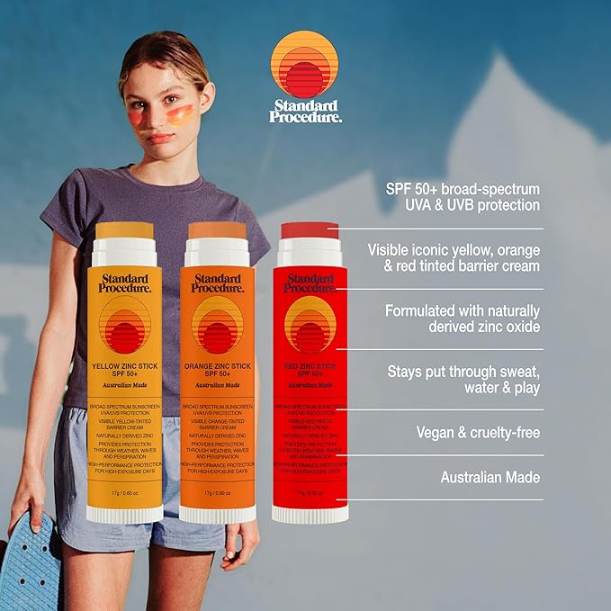 Standard Procedure - Zinc Sunscreen Sticks - SPF 50+ Tinted Sunscreen Sticks Available in Yellow Orange &amp Red - Zinc Sunscreen Sticks Made w/Naturally Derived Zinc - Australian Sunscreen