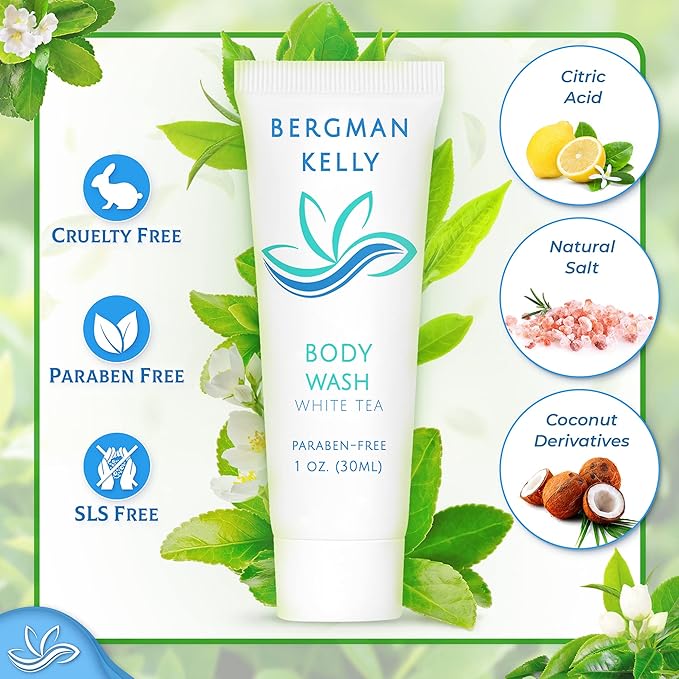 BERGMAN KELLY Travel Size Body Wash (1 fl oz 50 PK White Tea) Delight Your Guests with a Revitalizing and Refreshing Hotel Body Wash Quality Mini and Small Size Guest Hotel Toiletries in Bulk