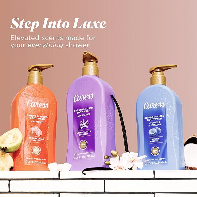 Caress Creamy Vanilla Blossom Moisturizing Body Wash with Pump Serum-Infused Formula with Niacinamide Sweet Musky Long Lasting Fragrance Dermatologist Tested 20 fl oz (4 Pack)