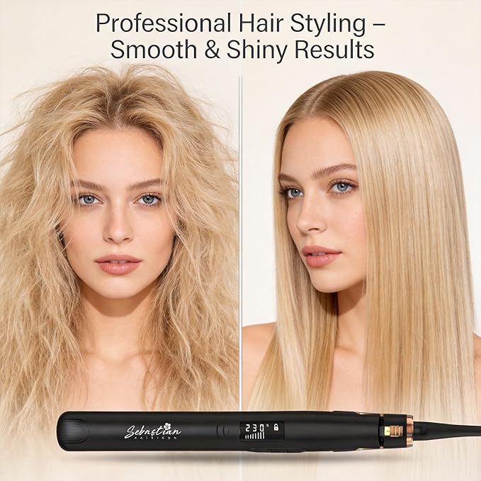 Flat Iron Hair Straightener and Curler 2-in-1 – Ceramic &amp Titanium Slim Plates – Dual Voltage – Professional Anti-Frizz Styling Tool – Sebastian Hair Iron