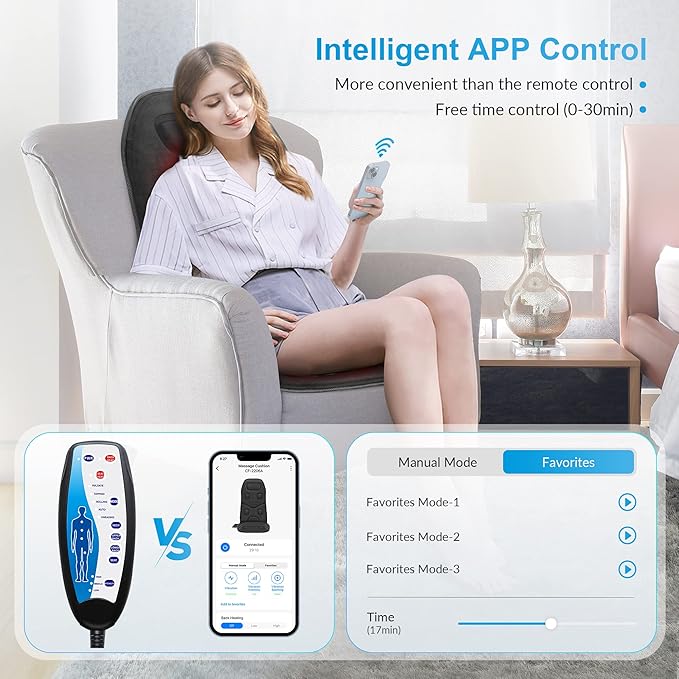 COMFIER Back Massager with Heat App Control Vibration Massage Seat Cushion 10 Motors &amp 3 Heat Levels Chair Massager Pad Gifts for MomDad Home Office UseBlack