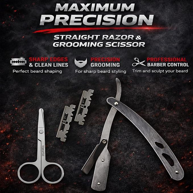 Beard Straightener Grooming Kit for Men Beard Growth Kit Wash Brush &amp Comb Unscented Growth Oil All Natural Sandalwood Balm Conditioner Razor &amp Scissors Great Gift Idea for Men's (Bamb