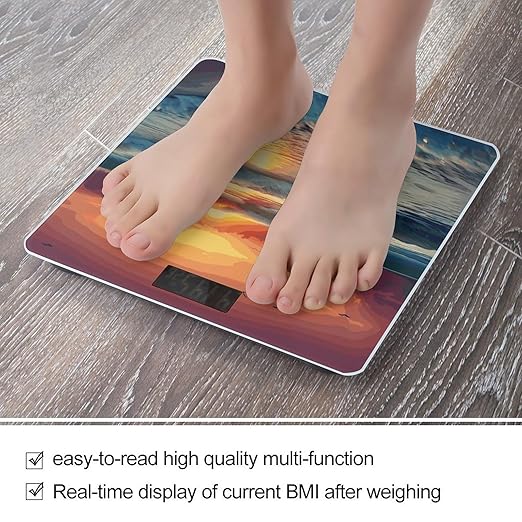 Sunset Seaside Weight Scale Digital Electronic Scales Bathroom Scale Larg LCD Backlight Display High Precision MeasurementsTempered Glass