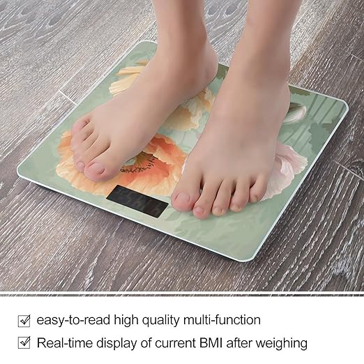 Pastel Poppies Scale for Body Weight Anti-Slip Digital Bathroom Scale Sturdy Toughened Glass Weighing Scales High Precision Safe Rounded Corners Smart Scales