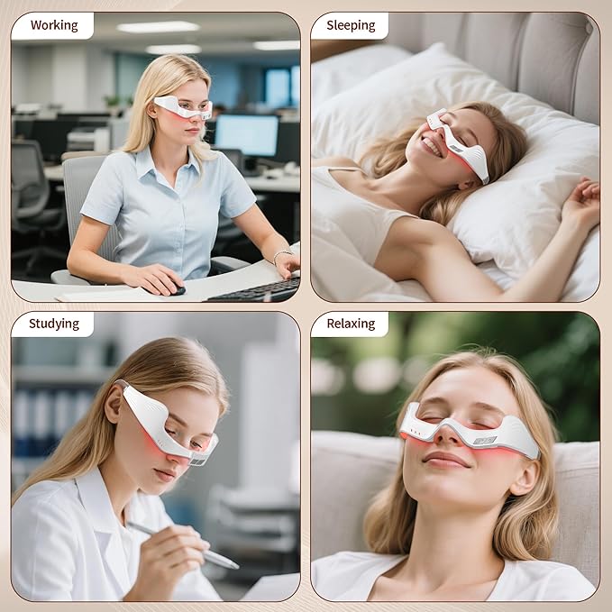 Under Eye Red Light Therapy Device 650nm Red Light Therapy Eye Massager for Relieve Eye Bags Eye Fatigue Dark Circles with Glasses Strap Light-Weight Hands-Free Use (White)