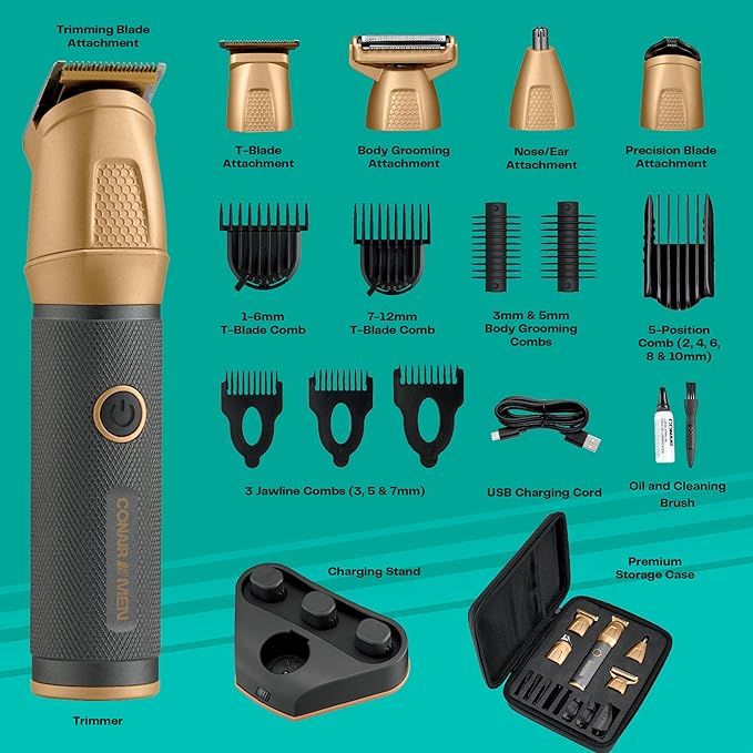 Conair Men All-in-One Trimmer for Men - Nose Hair Beard Mustache Body Hair Trimmer - 19 Piece Men's Grooming Kit for Manscaping- Showerproof - Rechargeable