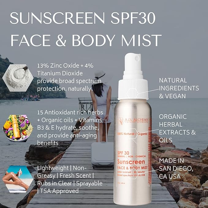 RD Alchemy - 100% Natural &amp Organic Sunscreen SPF30 Face and Body Mist - Travel Sized Non-Nano Chemical free Reef Safe Broad Spectrum UVA and UVB protection