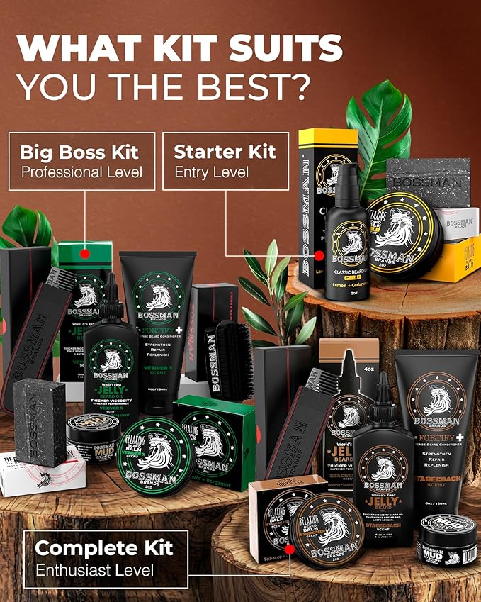 Bossman Essentials Beard Kit for Men Set of 3 - Beard Oil Jelly Fortifying Conditioner Cream Beard Balm - Grooming Growth Care Accessories - Gift Set for Men (Naked - Unscented)