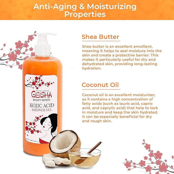 OMIC Geisha Kojic Acid Skin Brightening Body Wash - 33 Fl oz / 1000 ml - Even Out Tone Radiance Face and Body Shower Gel with Coconut Oil and Shea Butter