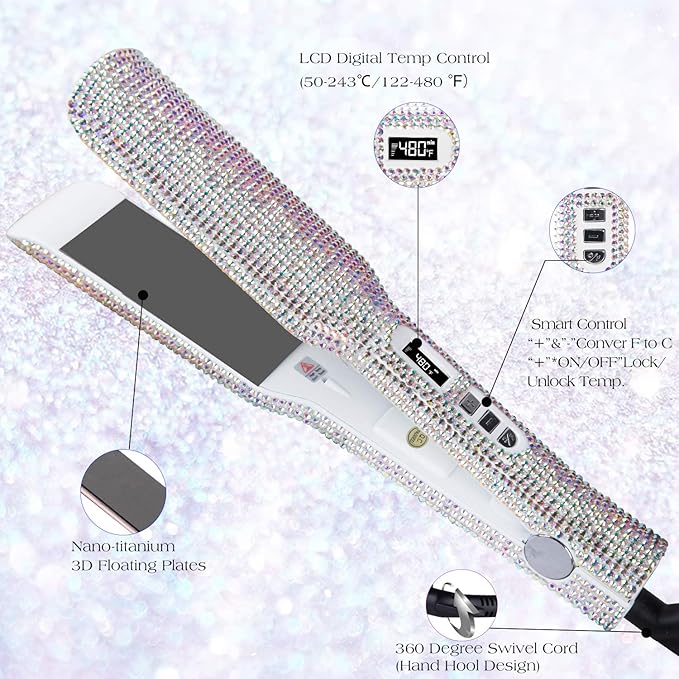 DORISILK Crystal Diamond Titanium Hair Straightener 2 Inch Rhinestone Flat Iron Dual Voltage Straightening Irons Instant Heat-up 480°F Quick Styling LCD Display Gorgeous Rhinestone (AB Shine)