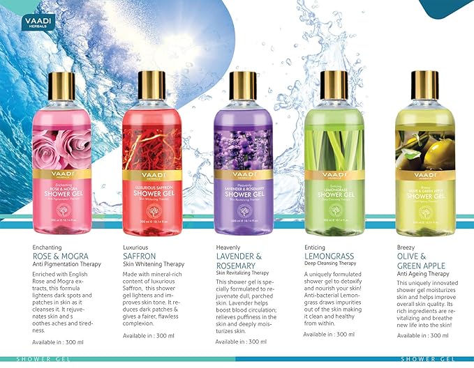 Vaadi Herbals Shower Gel - Sulfate-Free - Herbal Body Wash Both For Men And Women - 300 Ml (10.14 Fl Oz) - (Luxurious Saffron) (3 Bottles)