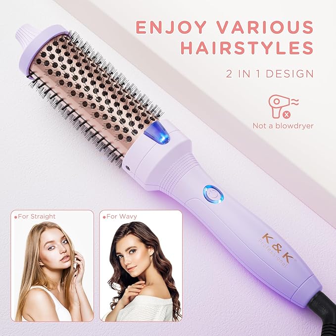 K&ampK 1.5 inch Volumizing Brush Heated Curling Ceramic Tourmaline Ionic Curling Iron Quick Heating Makes Hair Silky Smooth Dual Voltage Travel-Friendly Straightening Round Design (Purple 1.5 Inch)