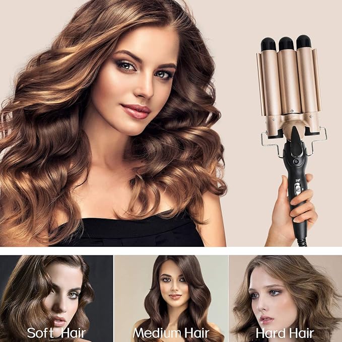 3 Barrel Curling Iron Wand - Dual Voltage Temperature Adjustable 25mm Hair Crimper1 Inch Ceramic Tourmaline Triple BarrelsHair Waving Styling Tools Gold