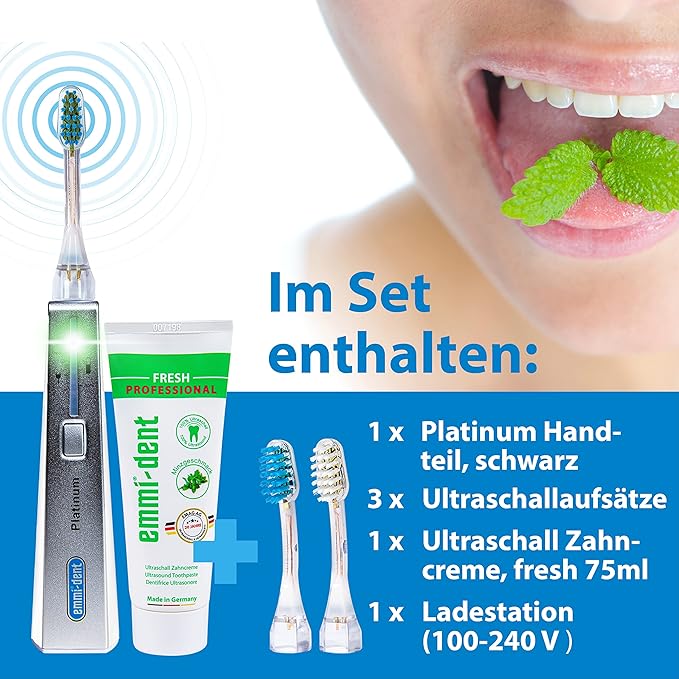 Emmi-dent Ultrasound Platinum Nature Fresh - Bundle. Touchless Gentle Cleaning for Sensitive Teeth &amp Gums. Cleans with 100% Ultrasound Technology. No Abrasion No Brushing No Damage. Rechargeabl