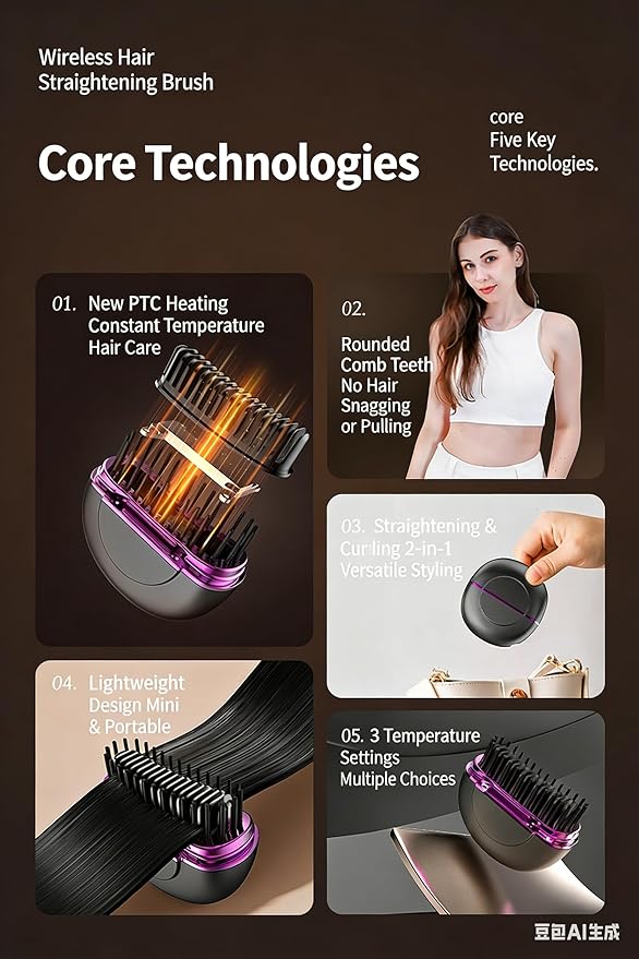 Wireless Hair Straightener Brush Rechargeable Mini Portable 3 Heat Settings Anti-Scald Comb with Plant Protein Coating for Home &amp Travel (Grey)