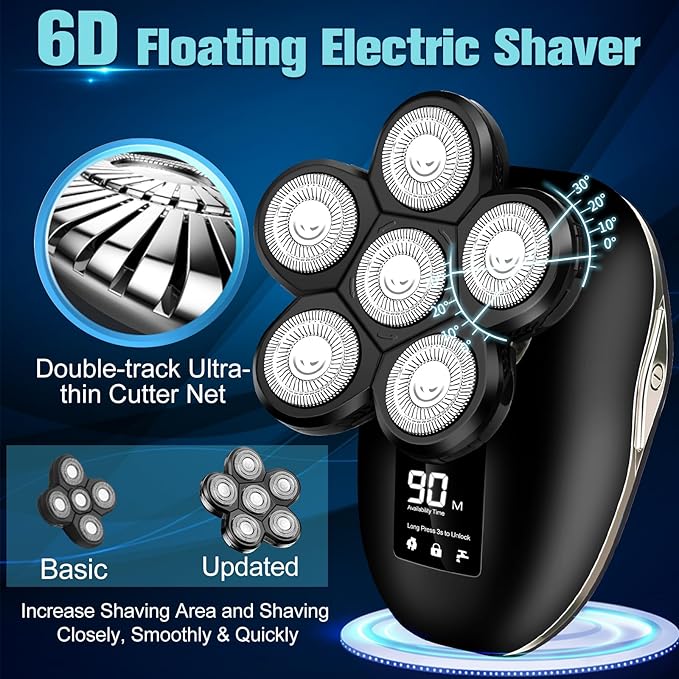 Electric Shaver for Men 6 in 1 Electric Razor for Men IPX7 Wet/Dry Waterproof Men's Shavers Rotary Head with Shavers Kit LED Display Gifts for Husband DadBoyfriend (Silver)