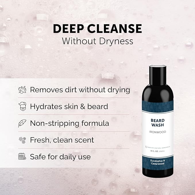 Detroit Grooming Co. Beard Wash – Deep Cleansing &amp Hydrating Beard Shampoo with Aloe Vera &amp Essential Oils - 8oz (Ironwood)