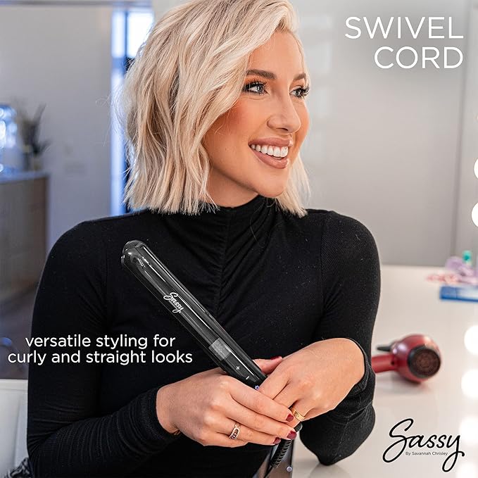 Sassy 1” Titanium Flat Iron Adjustable Heat Hair Straightener with Ion Generator Liquid Crystal Display with 10 Temperature Settings (Black)