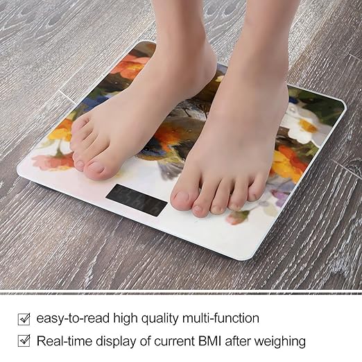 Bird Bathing Flowers Weight ScaleClear LED Display Bathroom Digital Weighing ScaleTempered Glass Digital Bathroom Scale for Body Weight Capacity Up to 400 Lbs