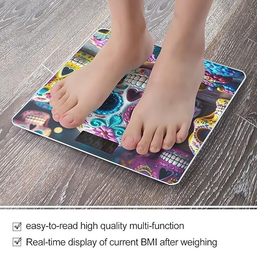 Sugar Skulls Bathroom Scale for Body Weight Bathroom Weighing Scales with Back Lit LED Display Sturdy Tempered Glass Body Weight Bathroom Scale 400lb Weighing