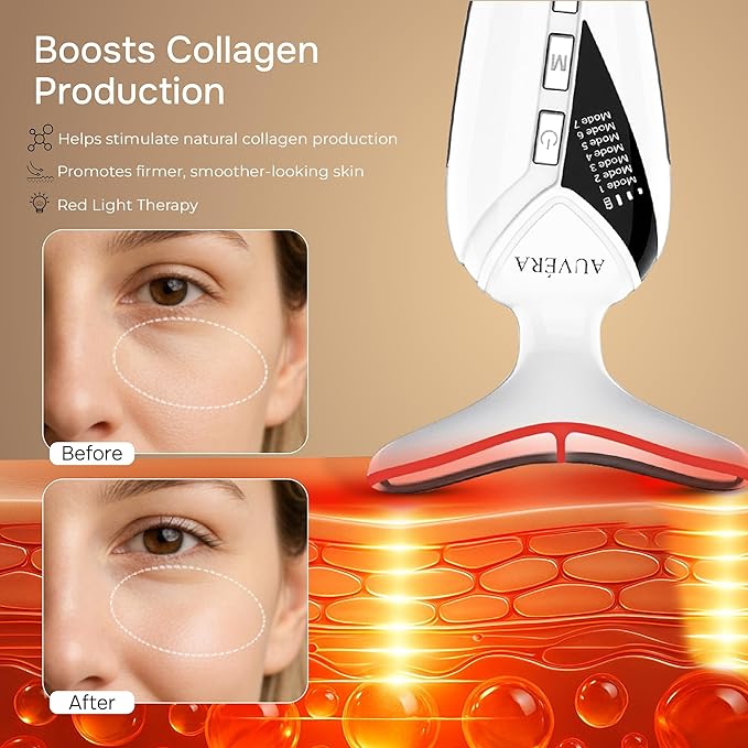 AUVERA 7-in-1 Face &amp Neck Beauty Massager with Light Therapy Heat and Smart Vibration for Wrinkles Fine Lines &amp Skin Tone | Multi-Light Therapy for Lift Radiance &amp Smooth Skin Z1 - Whi