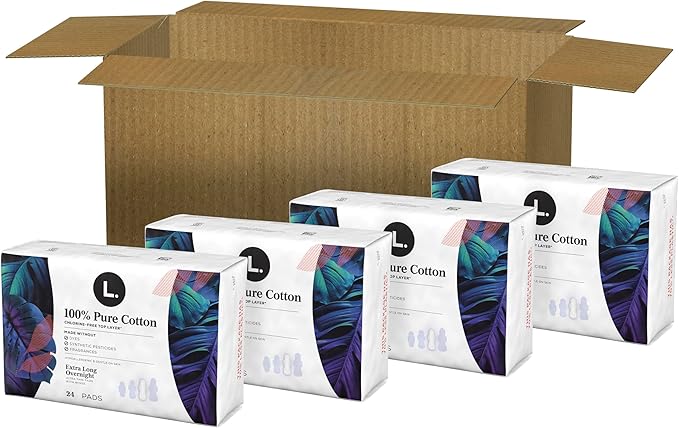 L. Ultra Thin Pads for Women Overnight Absorbency Organic Cotton Top Layer Unscented Pads with Wings 96 Count (4 Packs of 24)