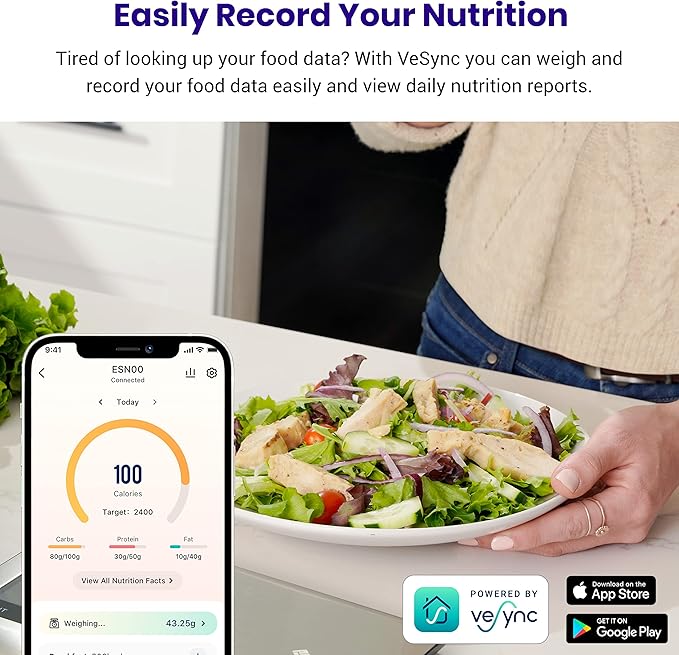 Etekcity Smart Food Nutrition Scale 11 Pounds-Large 304 Stainless Steel &amp Smart Scale for Body Weight Accurate to 0.05lb (0.02kg) Digital Bathroom Weighing Machine 400lb