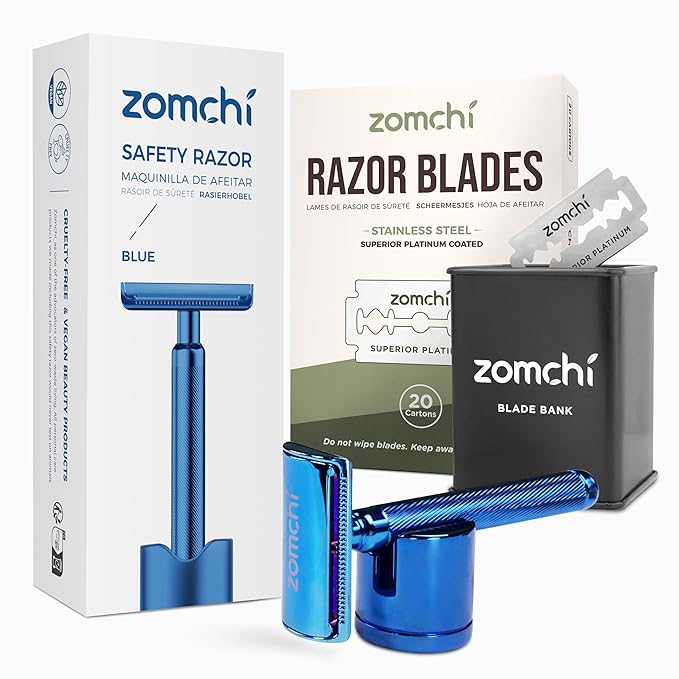 Double Edge Safety Razor with Razor Stand with 100 Counts Safety Razor Blades for Shaving and Razor Blade Bank