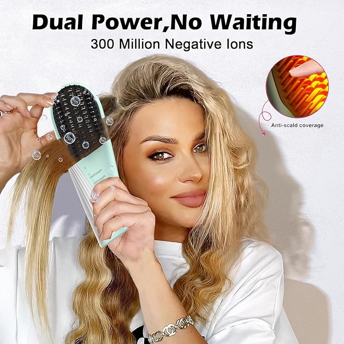Go Brush Pro Cordless Hair Straightener Brush - Portable Travel-Friendly 30s Quick Heat 10000mAh USB-C Rechargeable 150M Negative Ions (Green(10000mAh))